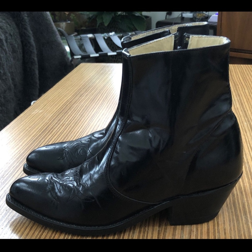 Larado Dan Post Black Leather Western Stitch Cowboy Trucker Boots Side Zip